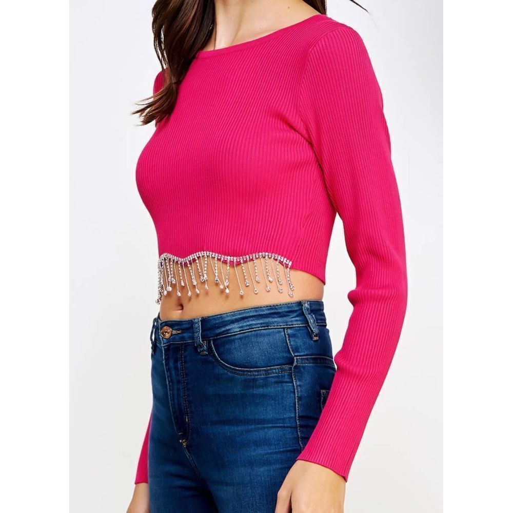 Sincerely Jules Hot Pink Rhinestone Crop Top Long Sleeve Ribbed Party Club